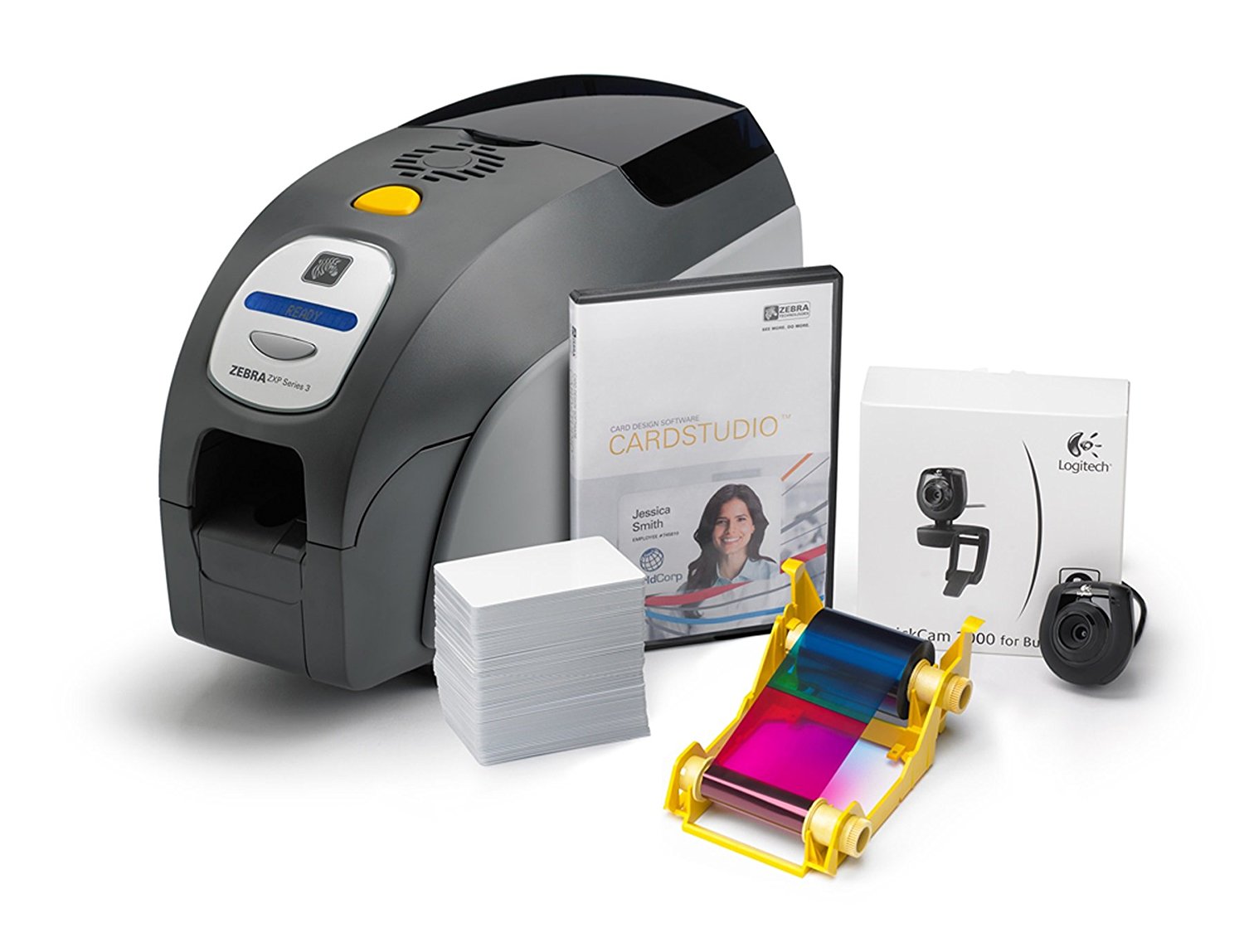 ZEBRA Z32-0000D200US00 QuikCard ID Solution ZXP Series 3 ID IMPRESSORA DE TARJETAS, MONOCROMO O COLOR,  300 dpi, 9.3" H x 7.9" W x 14.5" D IMPRESSORA DE TARJETAS THERMICAS, USB CABLE, CABLE DE ALIMENTACION, SOFTWARE CARDSTUDIO, CAMARA, MEDIA STARTER KIT (200 TARJETAS 1 YMCKOK color ribbon)