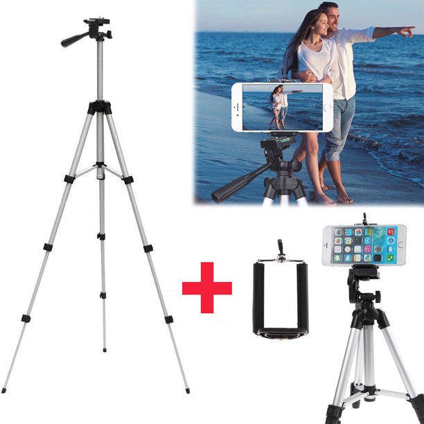 Tebru Professional Camera Tripod Stand Mount Phone Holder Adjustable Camera Tripods Stand with Universal Phone Clip Selfie Stick Tripod for Cell Phone iPad/iPhone Xs/Xs Max/Xr/8/7/6/6s Plus