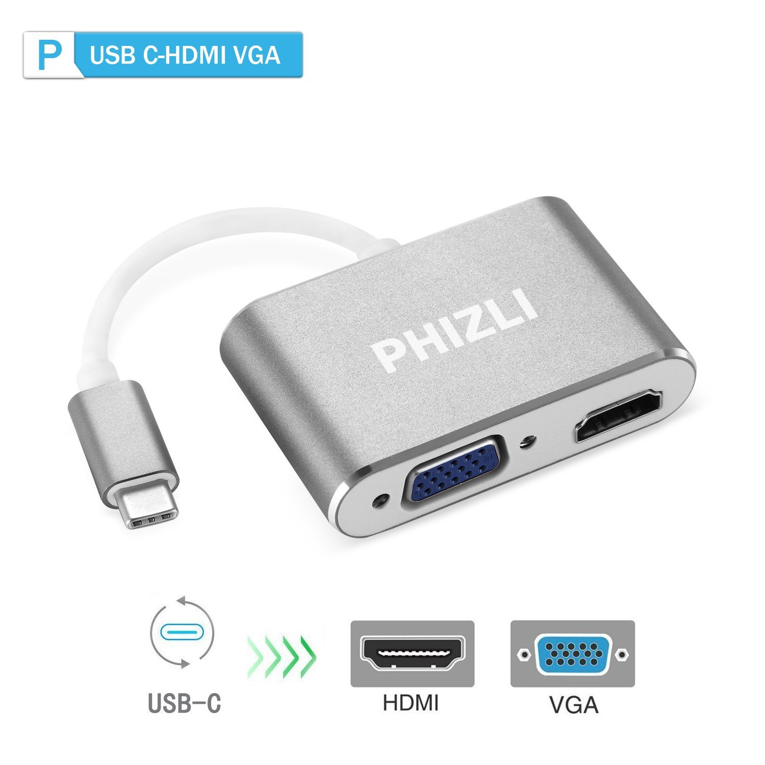 PHIZLI USB- C TO HDMI VGA ADAPTER 2 in 1 USB 3.1 TYPE C TO VGA HDMI 4K UHD CONVERTER ADAPTOR DUAL SCREEN DISPLAY WITH ALUMINIUM CASE FOR 2017/2016 MACBOOK/CHROMEBOOK PIXELI
