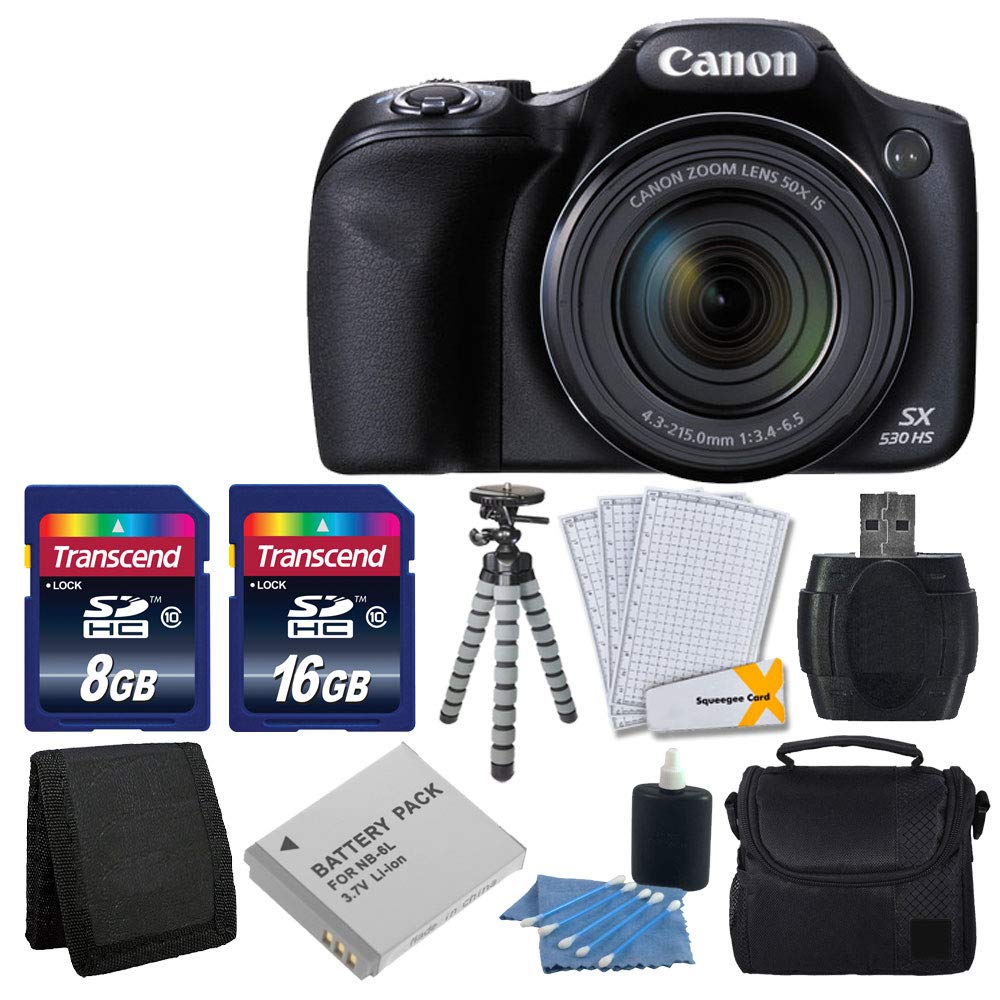 Cámara digital Canon PowerShot SX530 HS con zoom óptico estabilizado de imagen de 50x con LCD de 3 pulgadas HD 1080p Video (Negro) + batería adicional + Tarjeta de 24GB Clase 10 Paquete de accesorios de lujo comple