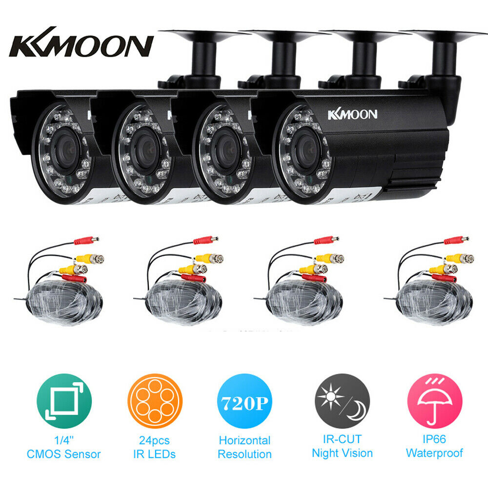 4X KKMOON 720P AHD CCTV CAMERA OUTDOOR IR-CUT NIGHT VISION 4 60FT BNC CABLE KIT