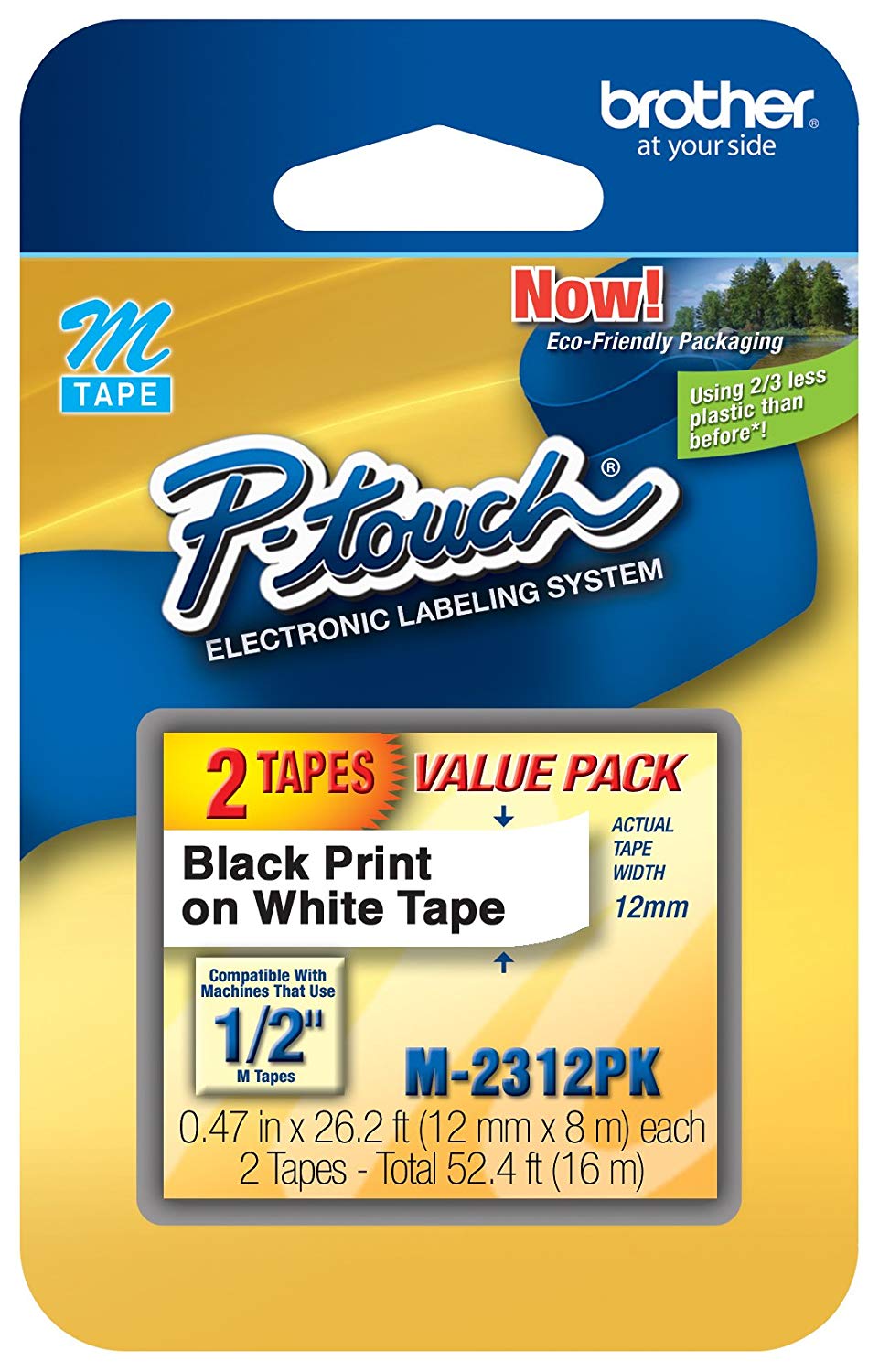 Cinta P-Touch M-2312PK original de Brother, paquete de 2, 1/2 "(0.47") de ancho, cinta no laminada estándar, negro sobre blanco(Paquete de dos)