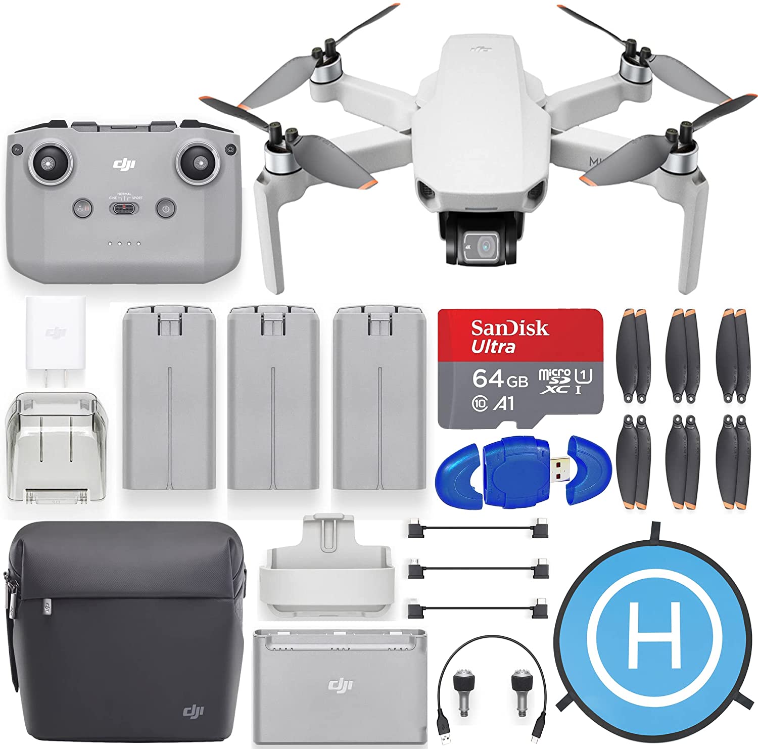DJI Mini 2 Fly More Combo Drone Quadcopter con cámara 4K Bundle con tarjeta MicroSD SanDisk de 64 GB, kit de plataforma de aterrizaje con paquete piloto