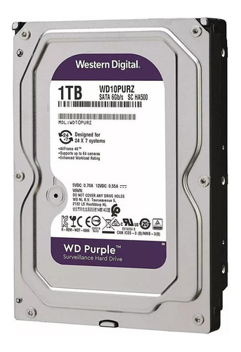 Disco Duro Interno Western Digital WD10PURZ PURPLE 3.5 PULGADAS, 1TB, SATA III, 6 GBIT/S, 54000RPM, 64MB CACHE