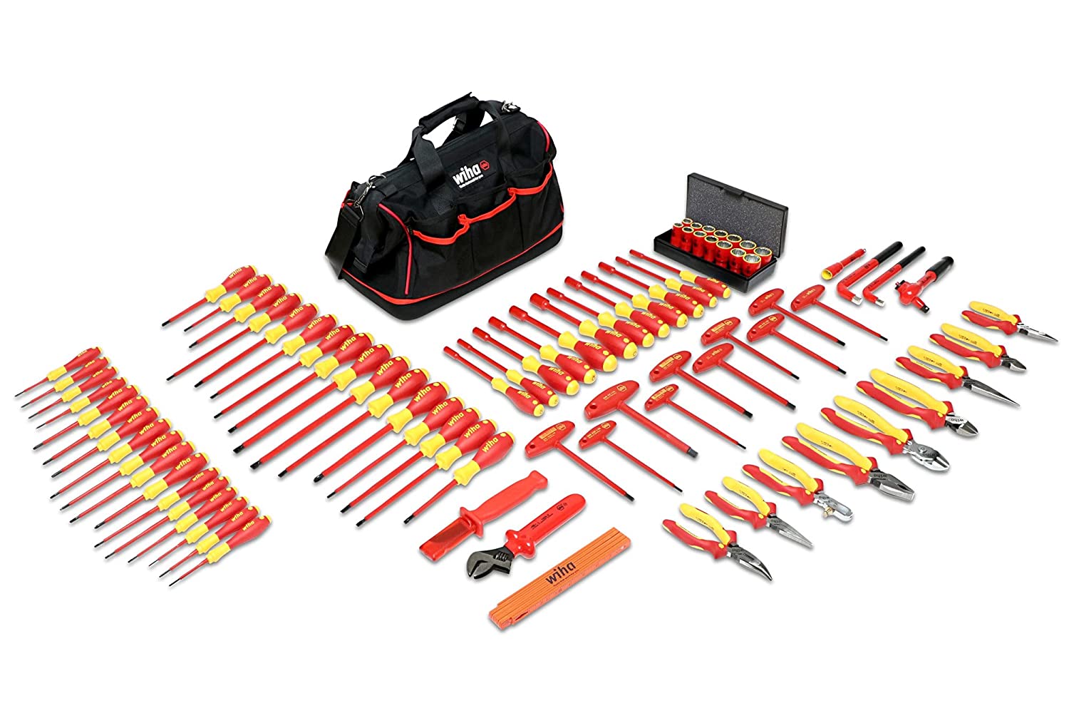 Wiha 32877 Insulated Set with Pliers, Cutters, Nut Drivers, Screwdrivers, T Handles, Knife, Sockets, 3/8-Inch Ratchet, Adj Wrench, Ruler, 80-Piece