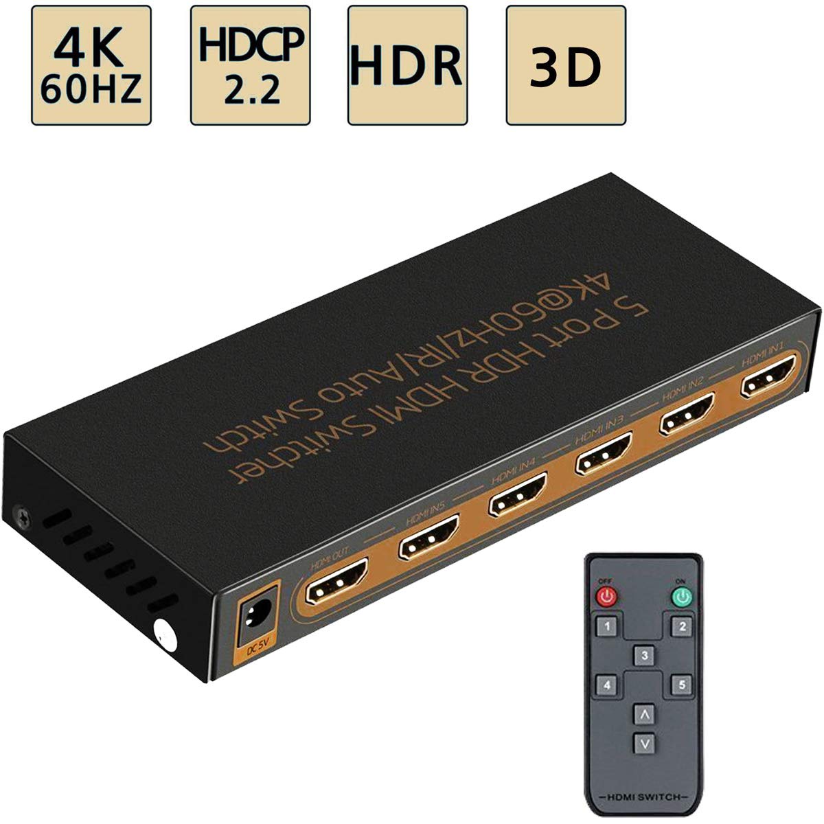 4K@60Hz HDMI Switch 5x1 Awakelion Premium 5 in 1 Out HDMI 2.0 Switcher with IR Remote Support HDCP 2.2 UHD HDR Full HD 3D 1080P.