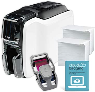 ZEBRA ZC100 LT IMPRESORA DE TARJETAS DE IDENTIFICACIÃ“N: PAQUETE COMPLETO DE SUMINISTROS CON SOFTWARE DE CLOUDBADGING, TARJETAS EN BLANCO Y CINTA