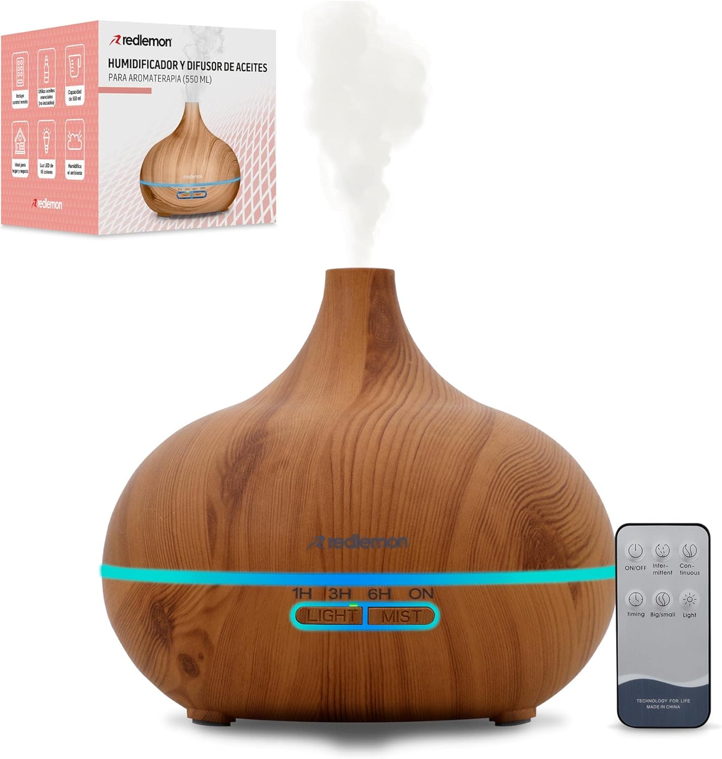 REDLEMON DIFUSOR DE ACEITES ESENCIALES Y HUMIDIFICADOR PARA AROMATERAPIA 550 ML 16 COLORES DE LUZ LED, PURIFICADOR DE AIRE PARA ACEITE DE ESENCIAS 2 NIVELES DE NIEBLATEMPORIZADORCONTROL REMOTO