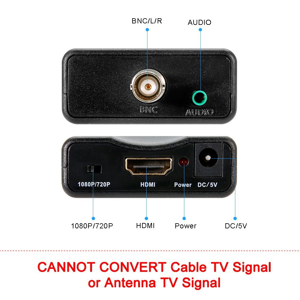 BNC Hembra A HDMI Adaptador convertidor de video para cámaras de seguridad CCTV Monitor con 720P/1080P HD Output Switch. El convertidor BNC a HDMI está diseñado solo para cámaras análogas.