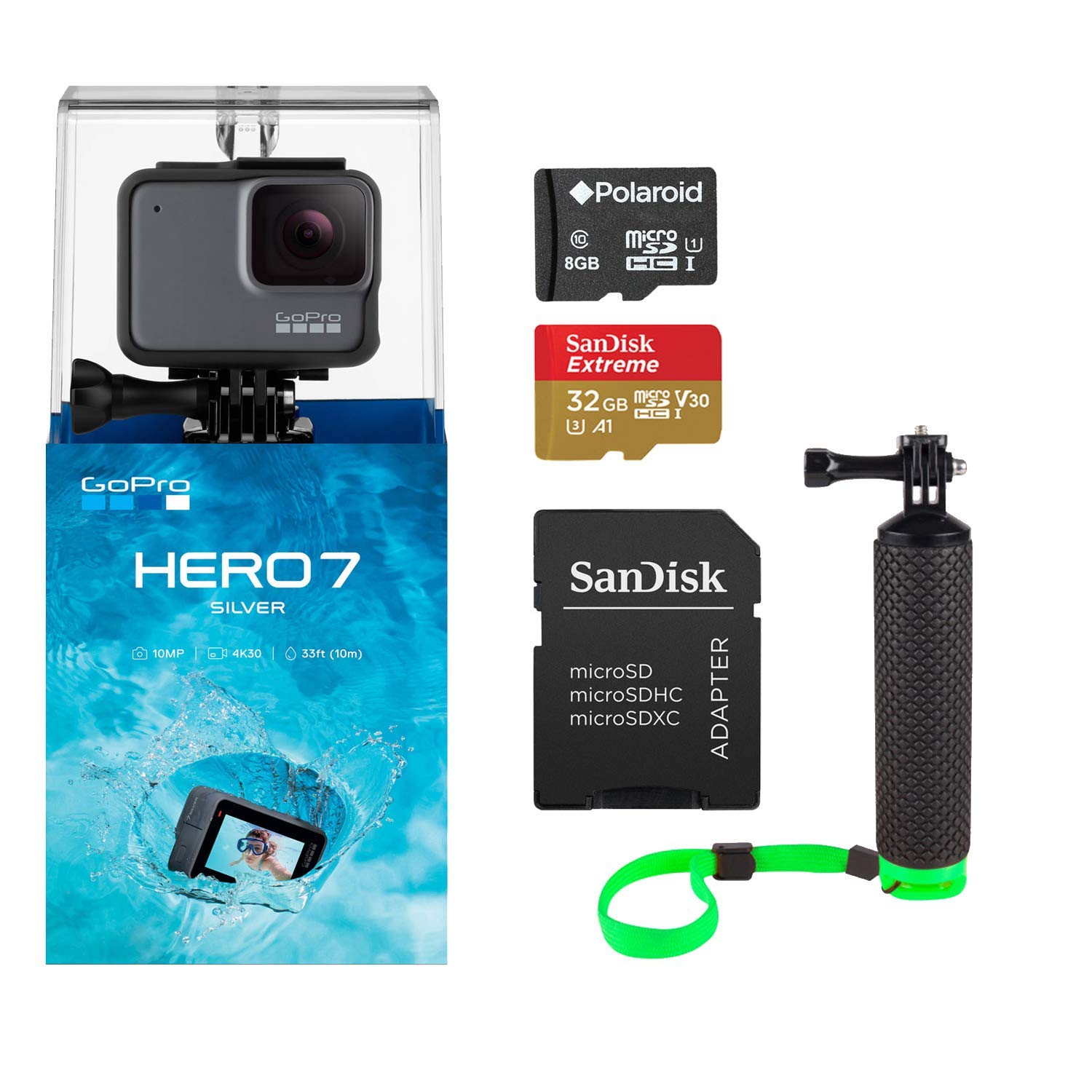 CAMARA GOPRO HERO7 SILVER (Tarjeta de memoria MicroSDHC Polaroid de 8GB- Manija flotante verde con correa para la muñeca - Tarjeta de memoria USD MicroSDHC de 32GB Sandisk Extreme de 32GB)