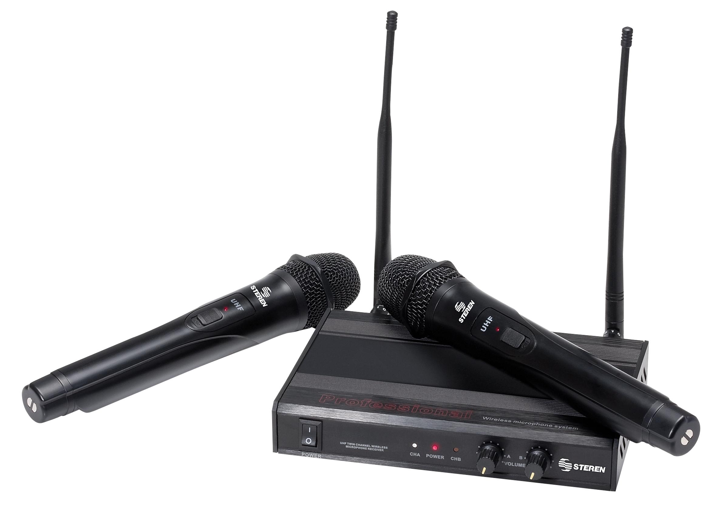 Sistema profesional de dos micrófonos inalámbricos UHF, con receptor.