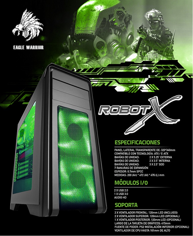 PIXXO CS  CG-01F1 ROBOT X ATX/E-ATX BAHIAS 2x5.25 EXT, 2x3.5 INT, 3x2.5 SDD , 7 RANURAS DE EXPANSION, NO PS, PANEL LATERAL TRANSPARENTE