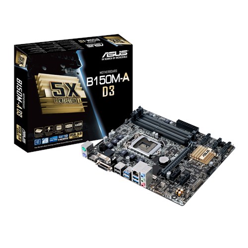 ASUS MB B150M-A D3 SUPPORT INTEL 6TH GEN CORE I7/I5I3/PENTIUM/CELERON SOCKET 1151 CHIPSET INTEL B150 4 X DIMM MAX 64GB DDR3 1600 MHZ GRAFICOS  HDMI/DVI-D/VGA/DISPLAYPORT PORTS WIN 10/8/7 64BITS