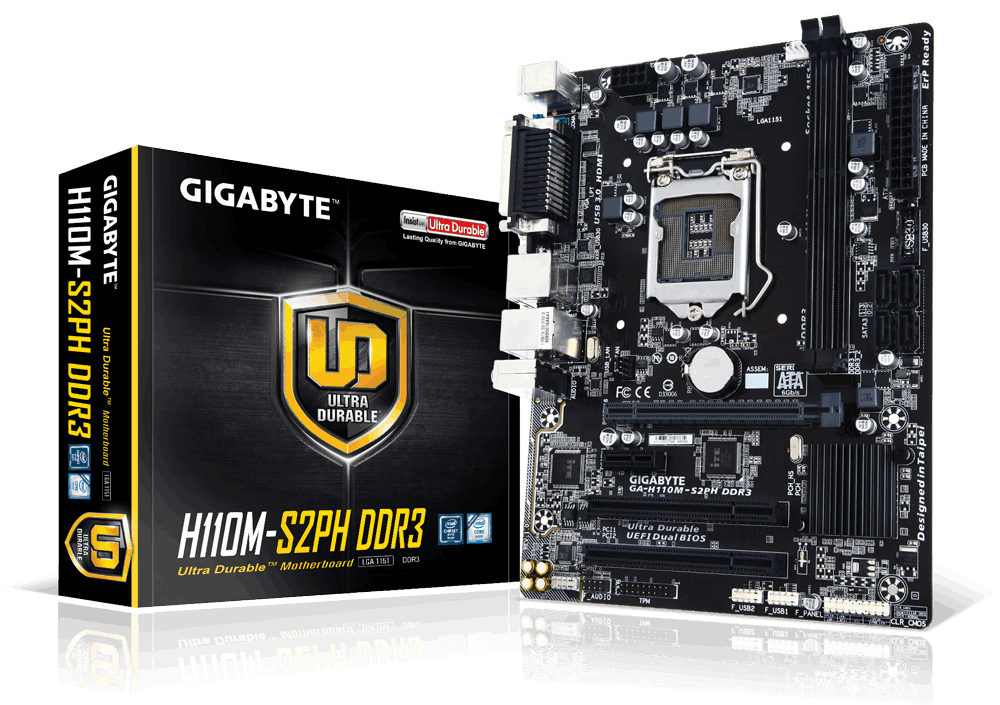 GIGABYTE MB GA-H110M-S2PH DDR3, SUPPORT INTEL CORE I7/I5/I3/PNTIUM/CELERON SOCKET LGA 1151, CHIPSET INTEL H110, 2 X DDR3 MAX 16 GB RAM, SUPPORT WINDOWS 10/8.1 64BITS, WINDOWS 7 32/64 BITS