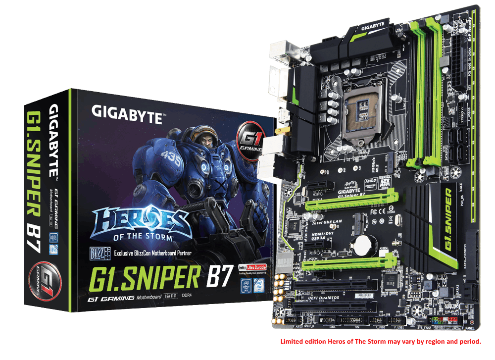GIGABYTE MB GA-G1.SNIPER B7, SUPPORT INTEL CORE I7/I5/I3/PNTIUM/CELERON SOCKET LGA 1151, CHIPSET INTEL B150, 4 X DDR4 MAX 64 GB RAM, SUPPORT WINDOWS 10/8.1 64BITS, WINDOWS 7 32/64 BITS
