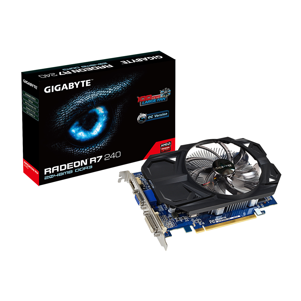 GIGABYTE VC GV-R724OC-2GI, CHIPSET RADEON R7 240, 2GB DDR3, PCI-E3.0, MAX RESOLUTION 4096 X 1536, MULTI VIEW X 2, DVI-D/HDMI/D-SUB,