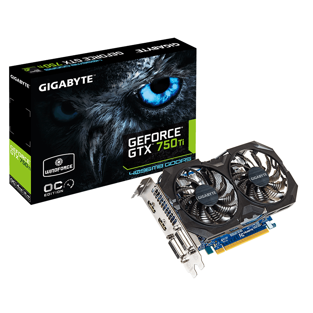 GIGABYTE VC GV-N75TWF2OC-4GI, CHIPSET GEFORCE GTX750TI, 4GB GDDR5, MAX RESOLUTION 4096 X 2160, MULTI VIEW X 4 DUAL-LINK DVI-I*1/DVI-D*1/HDMI*2