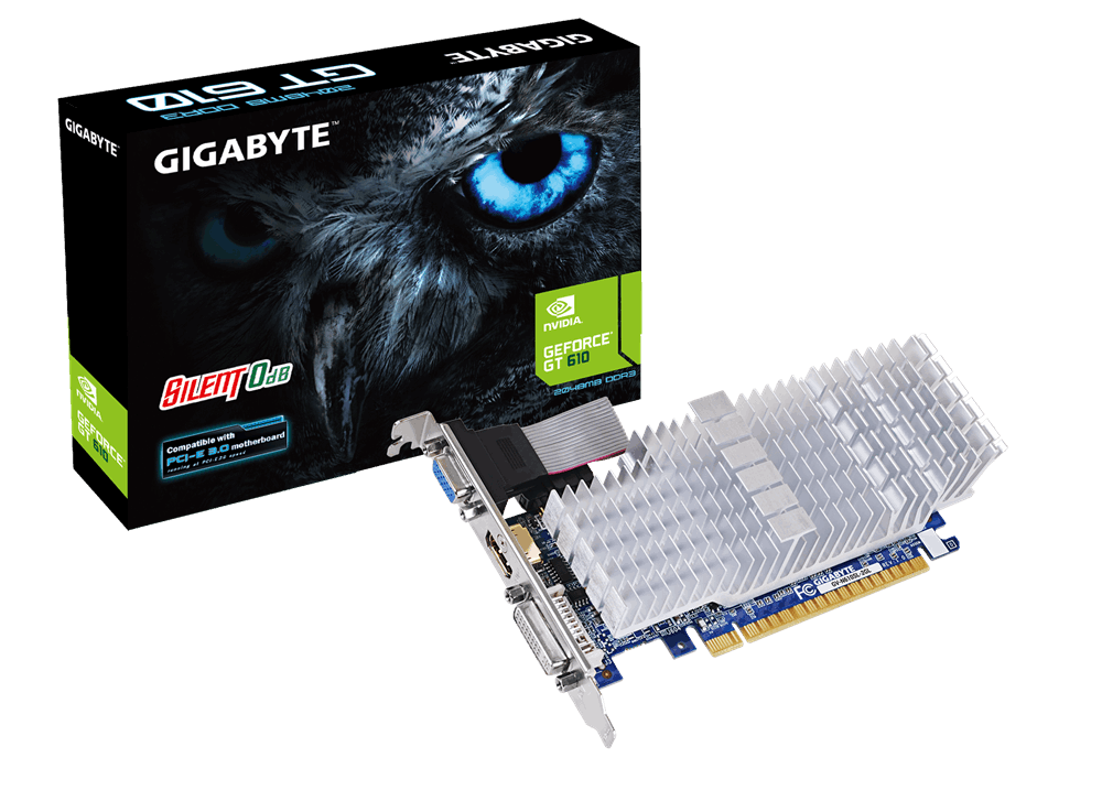 GIGABYTE VC GV-N610SL-2GLI, CHIPSET GEFORCE GT 610, 2GB DDR3. PCI-E 2.0, MAX RESOLUTION 2560 X 1600, MULTI VIEW 2, HDMI/DVI-I/D-SUB