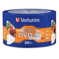 DVD-R VERBATIM 4.7 GB 16X BLANCO,IMPRIMIBLE C/INYEC.TINTA HASTA EL CENTRO TORRE C/50 PZAS