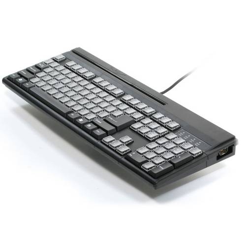 Teclado con lector de banda magnetica (KP3700-T2UBS), en Español USB, 104 teclas, 92 programables, 88 teclas etiquetables, resiste derrames de liquidos, con lector de banda de pistas 1, 2 y 3, Puerto