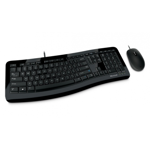 Kit de Teclado y Mouse. Microsoft Comfort Curve Keyboard 3000 (7ZJ-00004). Alámbrico USB, ergonómico, teclas de acceso rápido: multimedia y calculadora. Color negro (acabado piano). Mouse alámbrico de