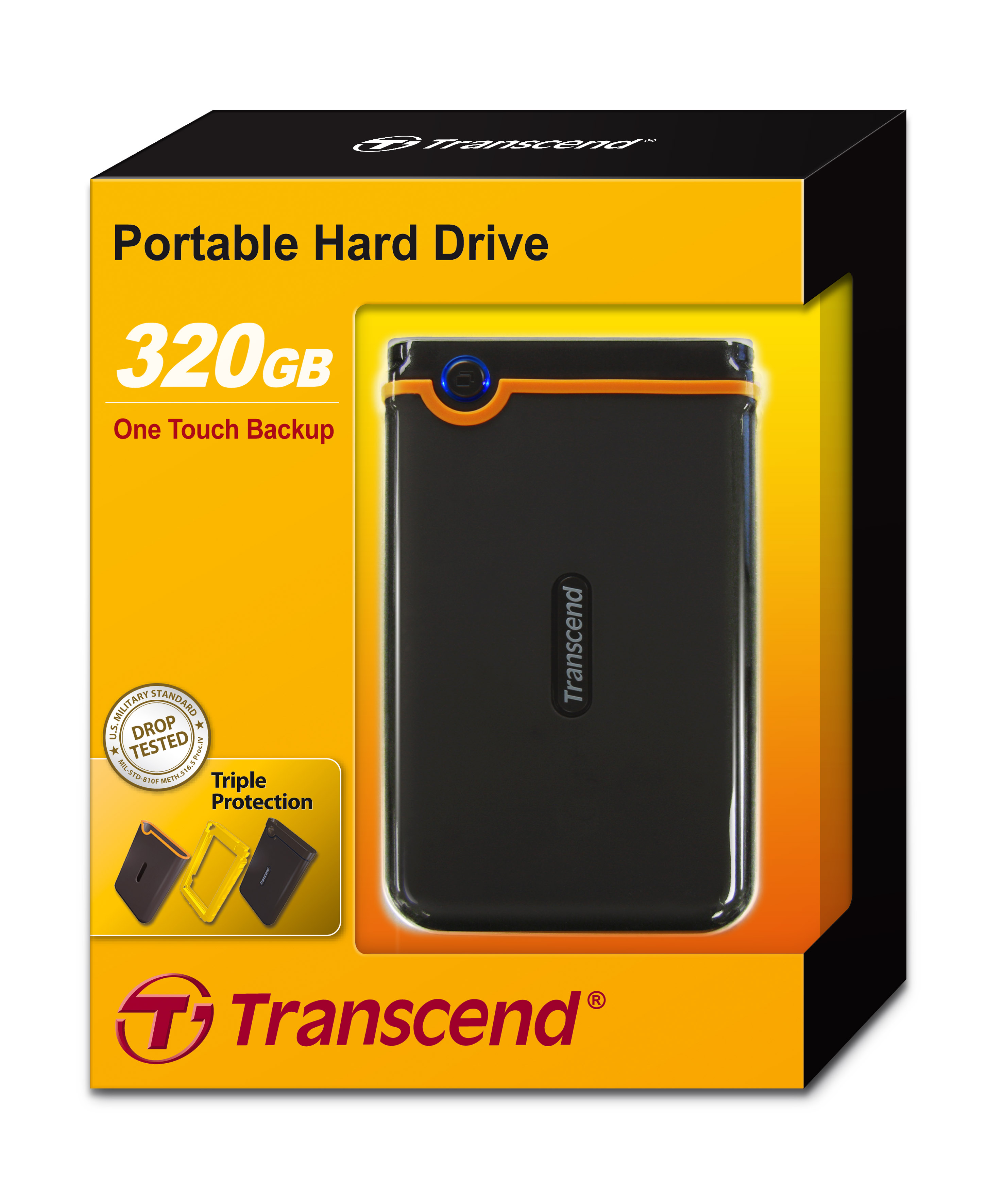 Disco Duro Externo Transcend 320 GB TS320GSJ25M USB 2.0 de 2,5" 5400rpm, 8MB de Cache. no requiere fuente, Cuenta con boton de Autorespaldo, proteccion contra golpes. Incluye cable USB y Software Stor