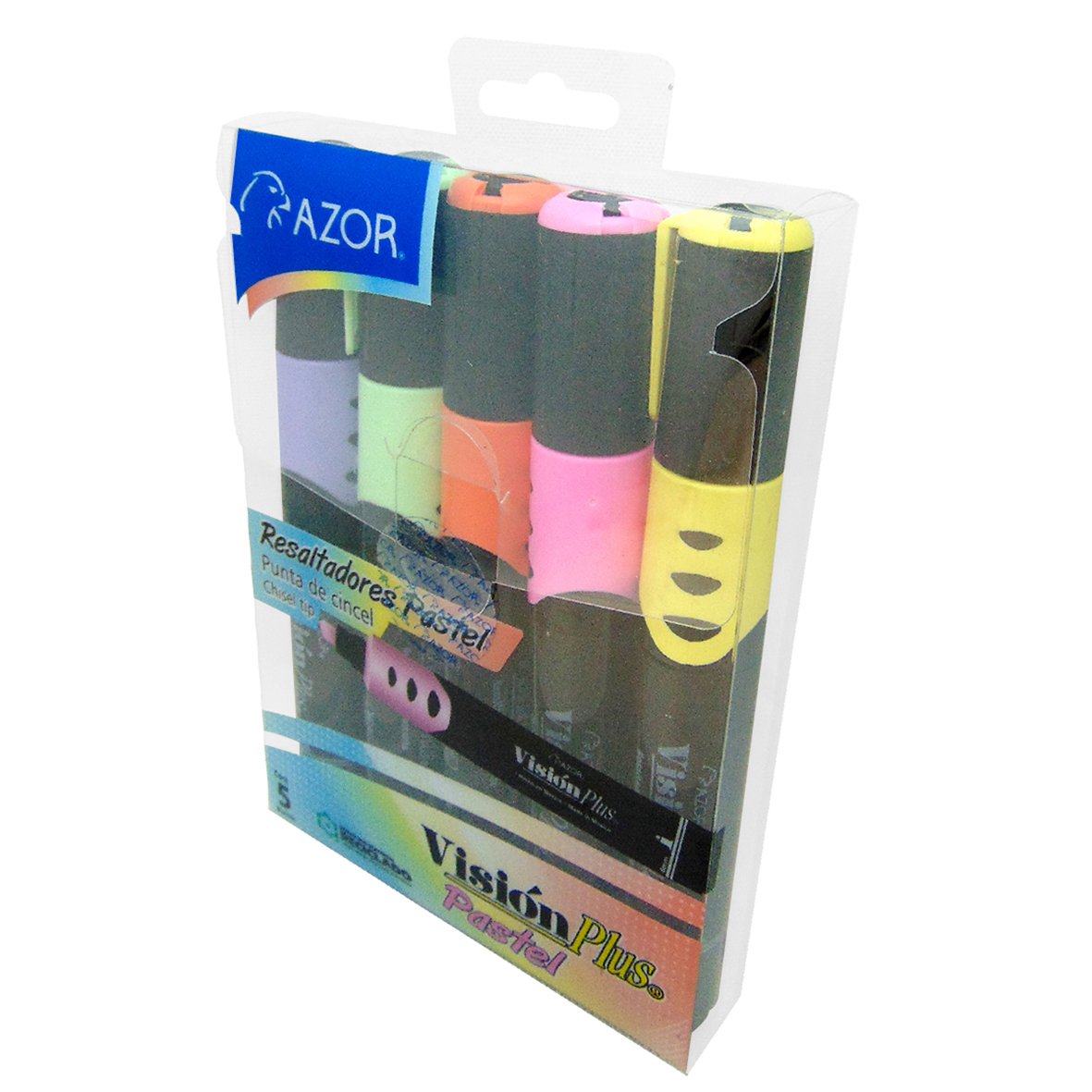 Resaltador AZOR VISION PLUS 2625P Estuche. Paquete con 5 piezas. Amarillo - Rosa, Azul, Verde y Naranja.