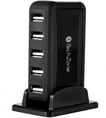 Hub TechZone - 7 puertos USB 2.0, color negro con fuente de poder para el incremento de tasa de transferencia, 1 año de garantía.