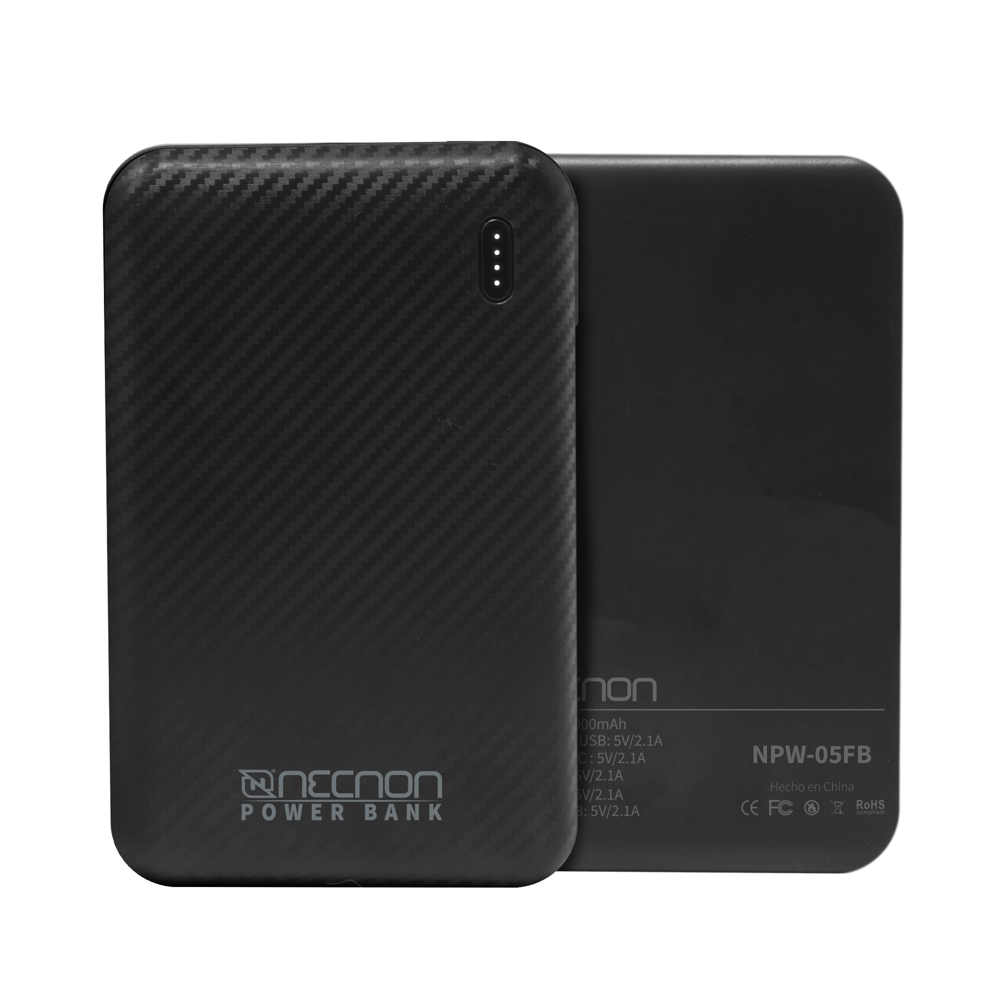POWERBANK NPW-05FB Necnon 5000mAh CARGA 2.1A 1 A 2 CARGAS INDICADOR LED ENTRADA Y SALIDA TIPO C NEGRO CARGA ACELERADA NBPB0501FB -