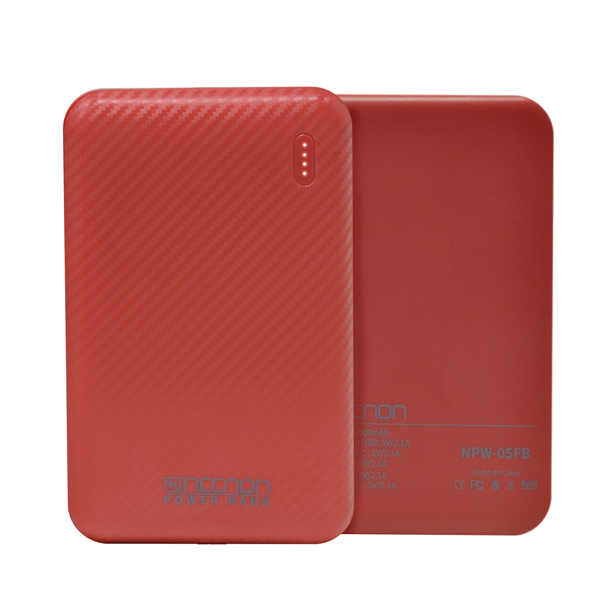 POWERBANK NPW-05FB Necnon 5000mAh CARGA 2.1A 1 A 2 CARGAS INDICADOR LED ENTRADA Y SALIDA TIPO C ROJO CARGA ACELERADA NBPB0502FB -