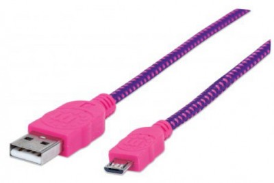 Cable USB MANHATTAN - 1 m, USB A, Micro-USB B, Macho/Macho, Rosa, Púrpura