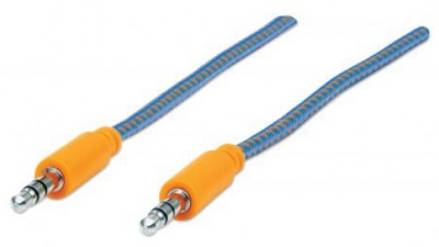 Cable de audio MANHATTAN con recubrimiento textil - 3.5 mm Estéreo Macho a Macho, 1 m, Macho / Macho, Azul / Naranja, Auxiliar