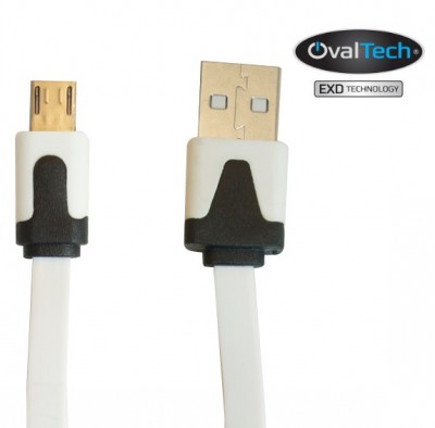 Cable USB a Micro USB - 1 metro carga / datos Plano color blanco. Premium OvalTech