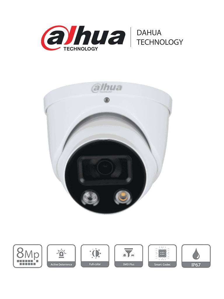 DAHUA IPC-HDW3849HN-AS-PV-0280B - Cámara IP Domo 4K Resolución de 8 MP/ Lente 2.8 mm/ ? 107°/ LED 30mts/ IA WizSense/ Det. de Mov. Inteligente -