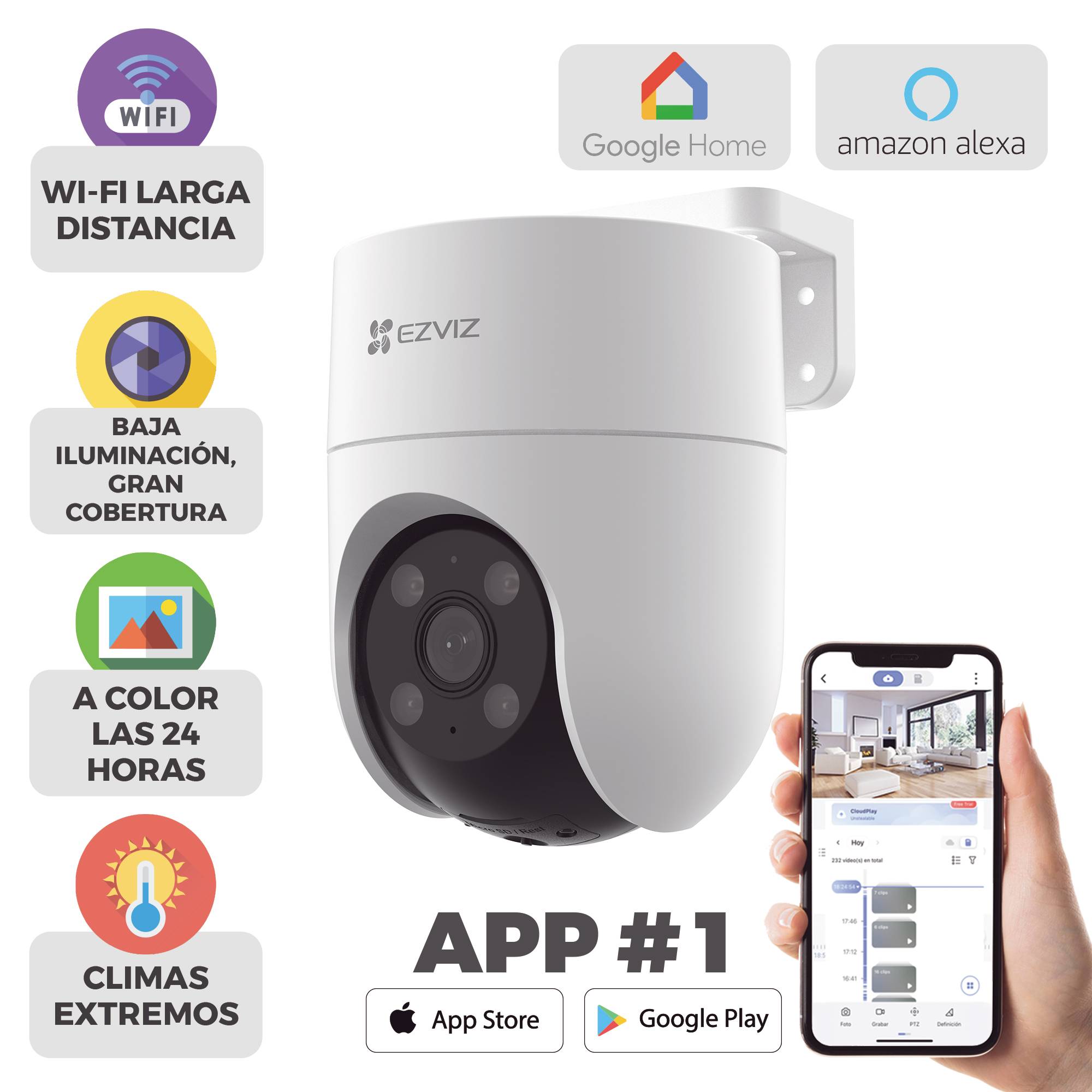 Cámara PT IP 2 MP EZVIZ H8C / Wi-Fi / Exterior / Audio de dos vías / Visión a color 24/7 / MicroSD hasta 512 GB -