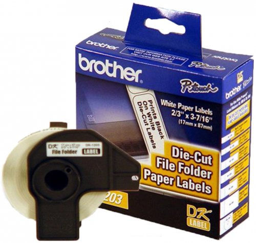 Etiqueta blanca de papel Brother DK1203 - 300 etiquetas de 17 mm de ancho x 87.1 mm de largo. Impresión en negro. QL800 / QL810W / QL1110NWB.