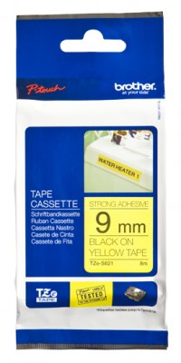 Etiqueta amarilla continua laminada con adhesivo super resistente Brother TZES621 - de 9 mm de ancho x 8 mts de largo. Impresión en negro.