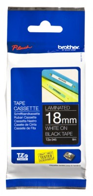 Etiqueta negra continua laminada Brother TZE345 - de 18 mm de ancho x 8 mts de largo. Impresión en blanco.