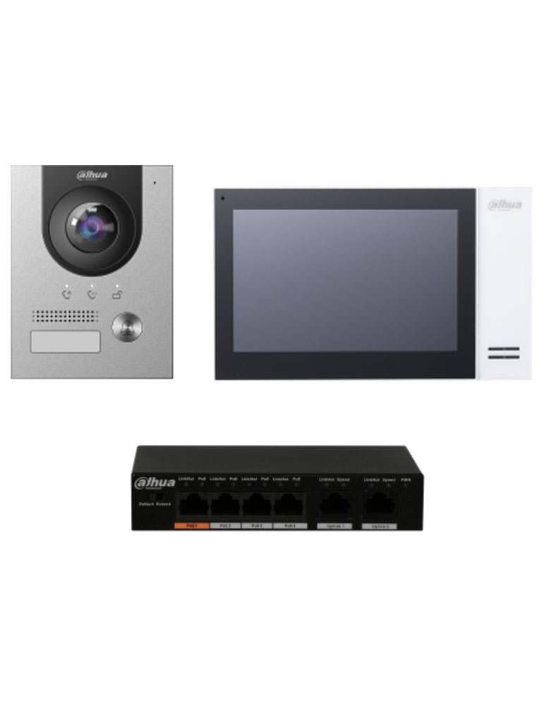 DAHUA KTP01(S) - Kit de Videoportero IP con Frente de Calle metálico - Monitor y Switch POE/ Pantalla LCD Touch de 7 pulgadas/ Camara 2MP Antivandalico