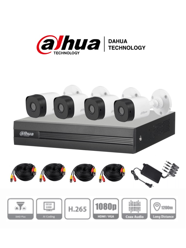 DAHUA KITXVR1B04-I+4B1A21 - Kit de 4 Canales de 2 Megapixeles/ DVR Cooper-I WizSense/ Con IA/ H.265+/ 4 Camaras B1A21 1080p/ 4 Canales + 1 IP -