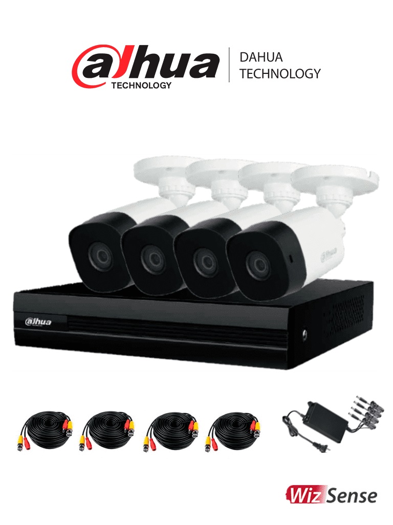 DAHUA KITXVR1B08-I-2MP4CP - Kit de 8 Canales 2 Megapixeles/ con 4 Camaras/ DVR Cooper-I WizSense/ Con IA/ H.265+/ 4 Camaras B1A21 1080p/ 8 Canales -