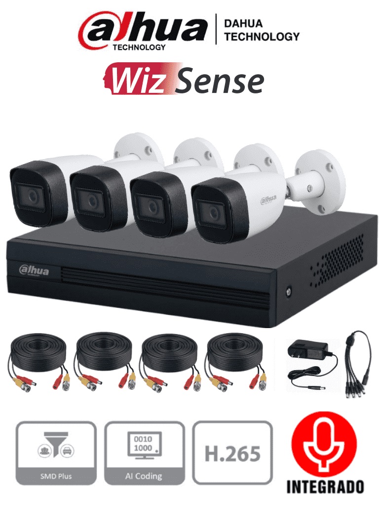 DAHUA KITXVR1B04-I+HFW1200CMA- Kit de 4 Canales de 2 Megapixeles con Audio/ DVR Cooper-I WizSense/ H.265+/ 4 Camaras Metalicas con Microfono Integrado -