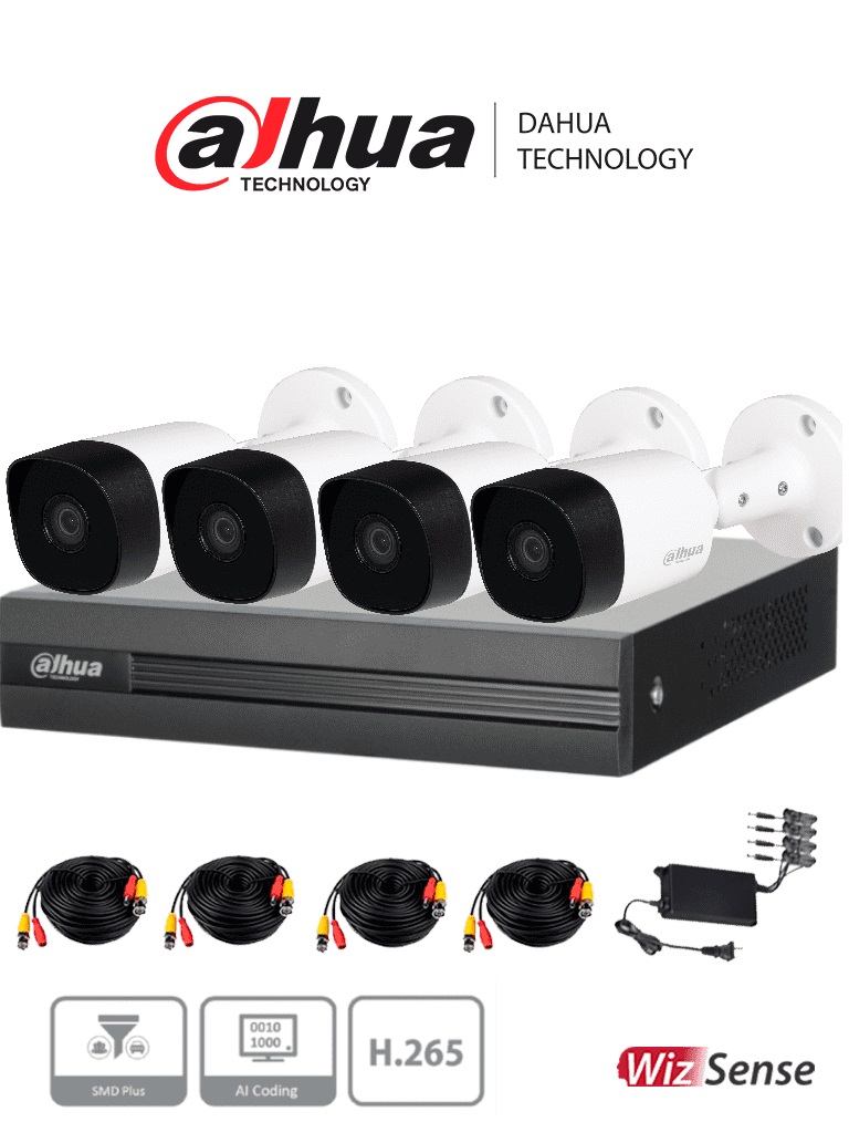 DAHUA KITXVR1B04H-I+4B2A51 - Kit de 4 Canales de 5 MP/ DVR Cooper-I WizSense/ Con IA/ 4 Camaras B2A51 Metalicas/ 4 Canales + 1 IP o Hasta 5 Canales IP -