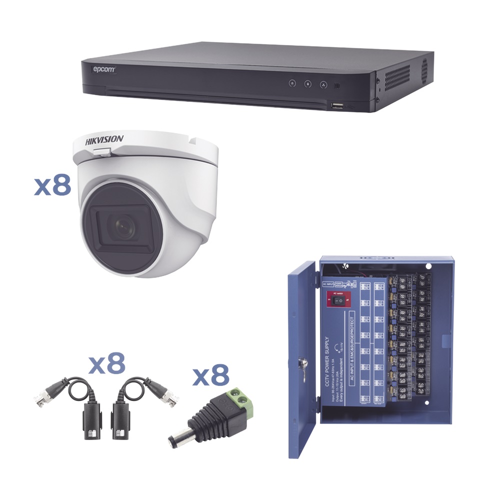 Kit TURBOHD 1080p / DVR 8 Canales / 8 Cámaras Turret (exterior 2.8 mm) / Conectores / Transceptores / Fuente de Poder -