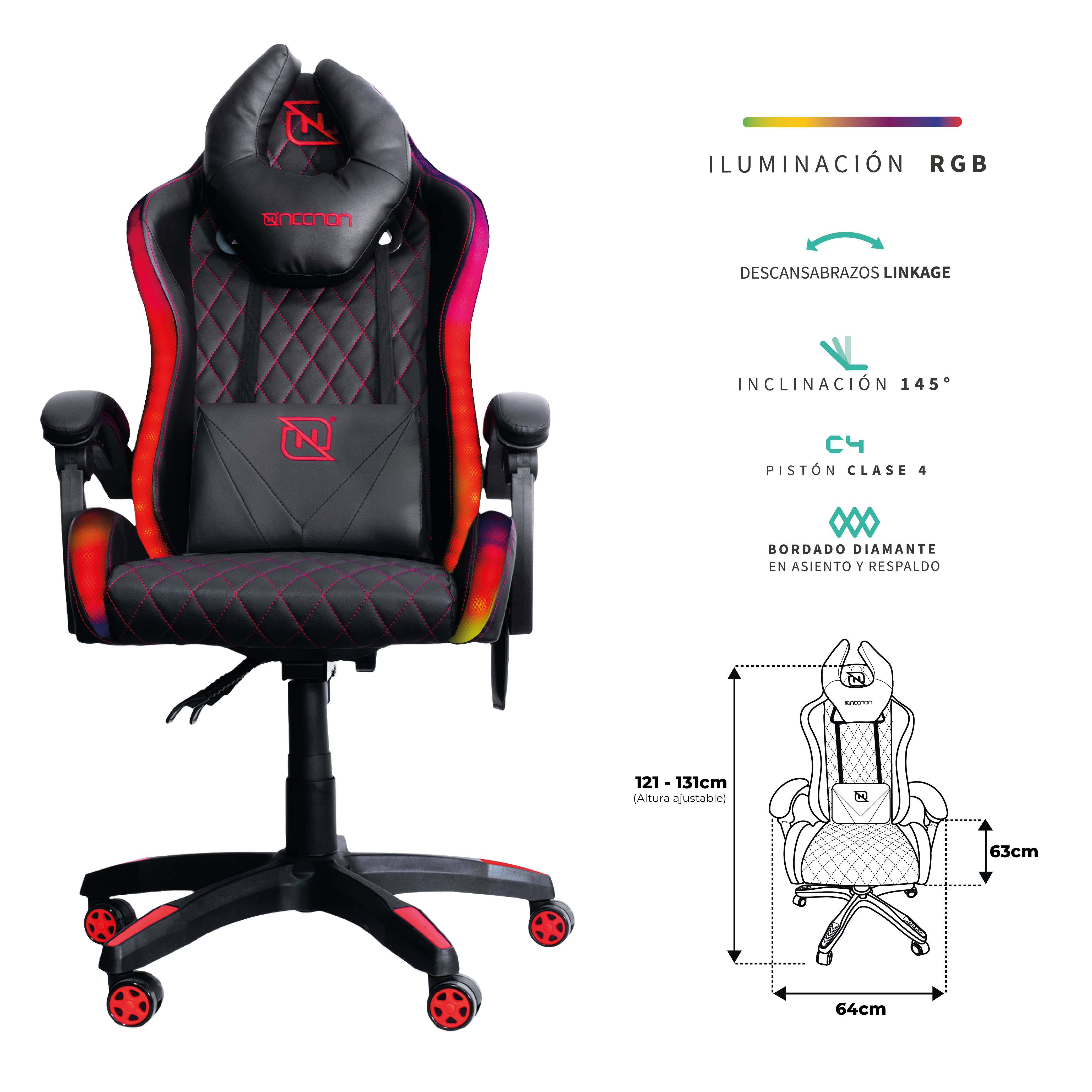 SILLA GAMER RGB INCLINACION RESPALDO 145 CLASE 4 140-150KG NSG-RGB1 FOAM 350MM 63CM*64CM*121-131CM COJIN LUMBAR Y CABEZA NEGRO/ROJO -