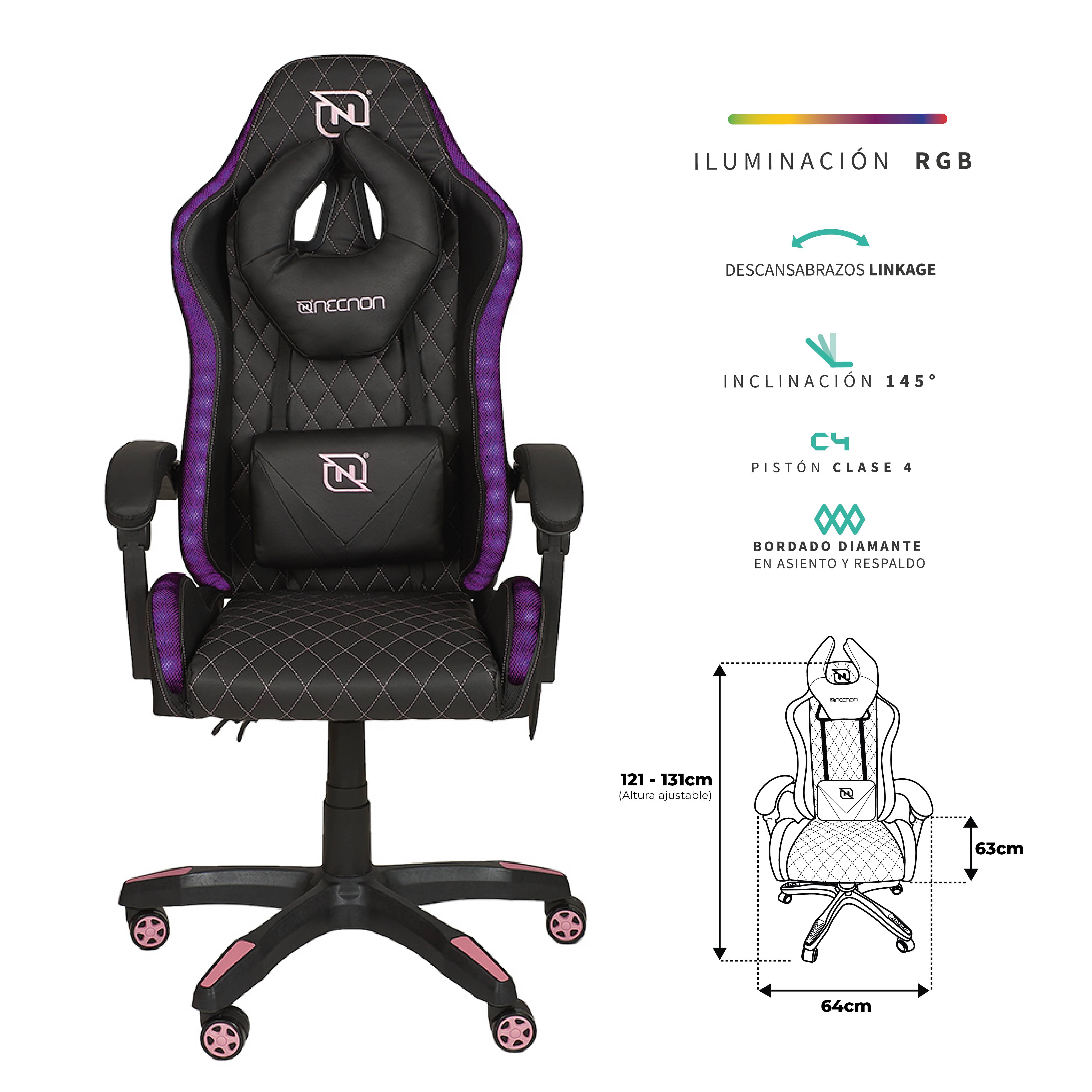 SILLA GAMER RGB INCLINACION RESPALDO 145 CLASE 4 140-150KG NSG-RGB1 FOAM 350MM 63CM*64CM*121-131CM COJIN LUMBAR Y CABEZA NEGRO/FUSCIA -