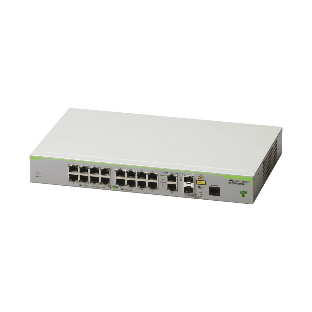 Switch ALLIED TELESIS Administrable CentreCOM FS980M - Capa 3 de 16 Puertos 10/100 Mbps + 2 puertos RJ45 Gigabit/SFP Combo. AT-FS980M/18-10