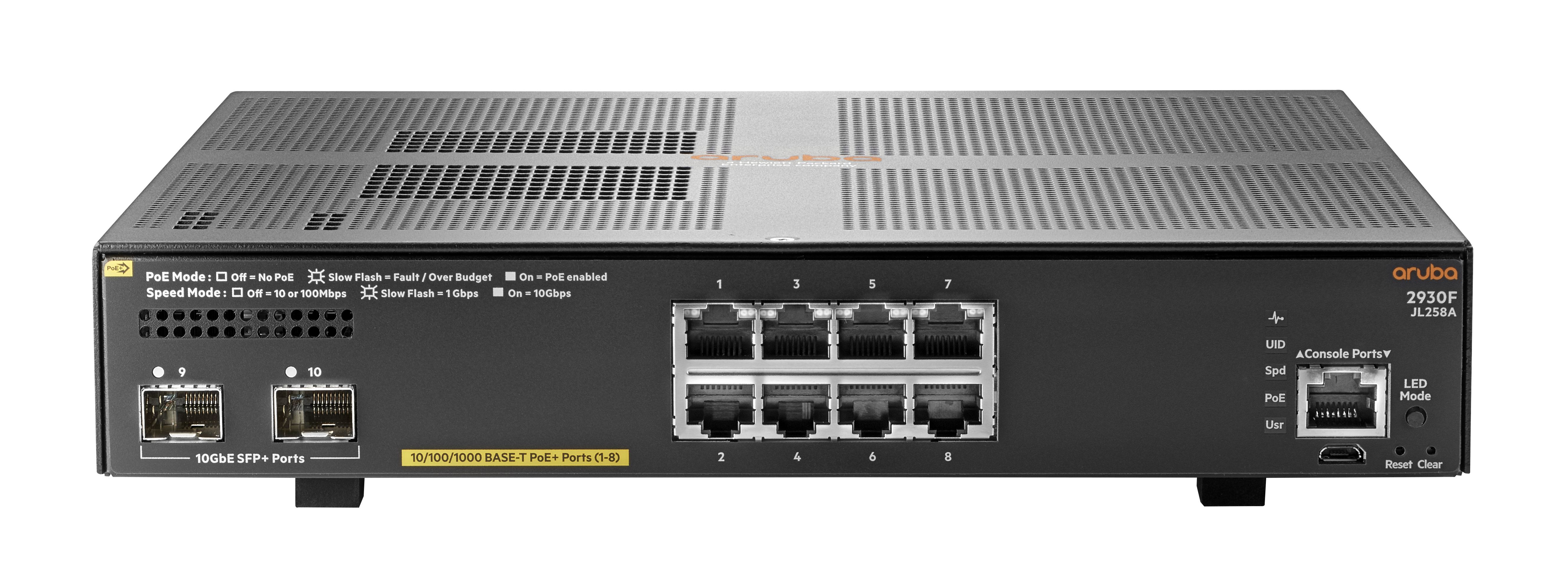 Switch Aruba JL258A Gigabit Ethernet 2930F 8G PoE+ 2SFP+ - 8 Puertos PoE+ 10/100/1000Mbps + 2 Puertos SFP+, 56 Gbit/s, 32.768 Entradas - Gestionado