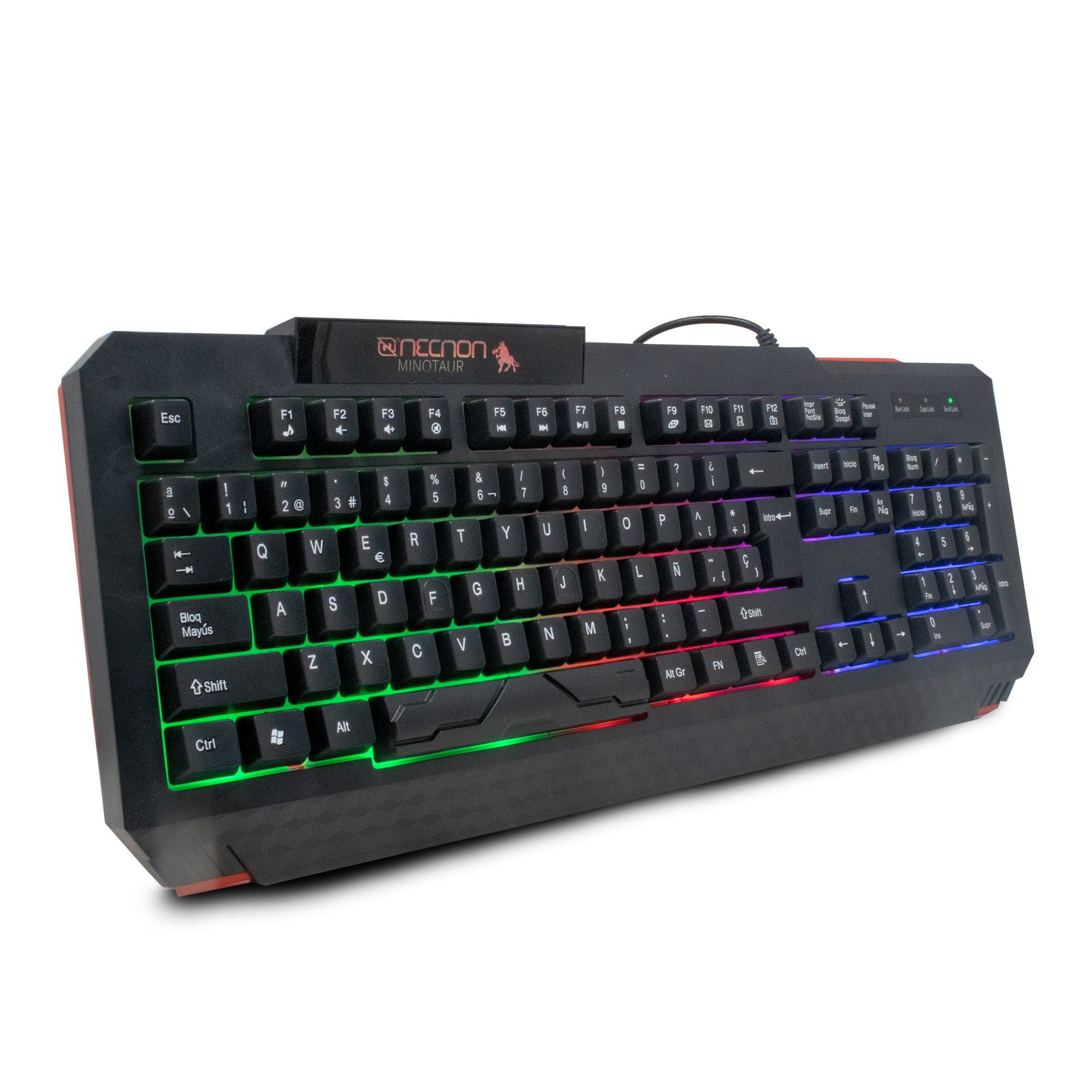 TECLADO GAMER NGK-MINOTAUR 104 TECLAS RETROILUMINADO LED MULTICOLOR DISENO ERGONOMICO RESISTENTE A SALPICADURAS ROJO/NEGRO -
