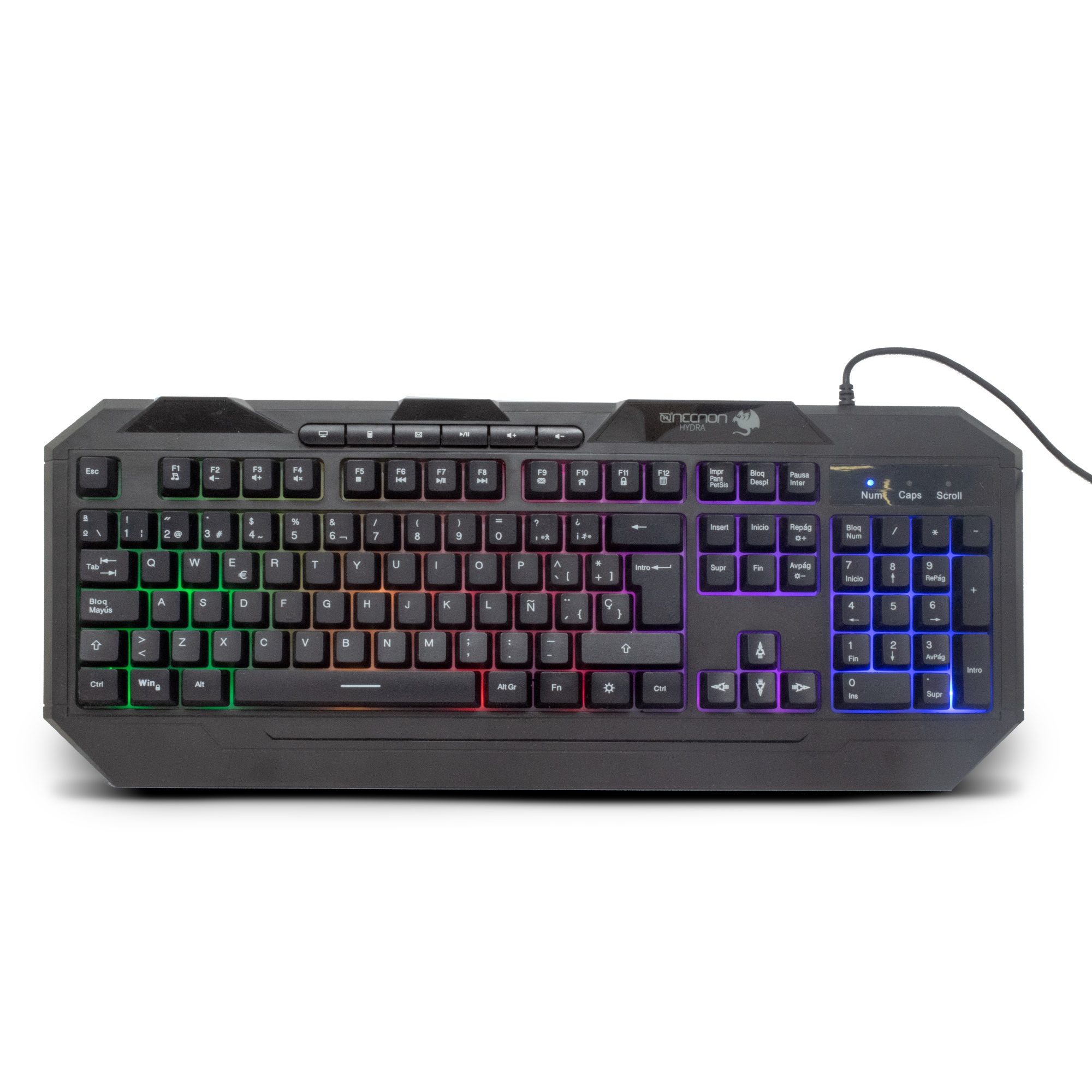 TECLADO GAMER NGK-HYDRA 114 TECLAS RETROILUMINADO LED MULTICOLOR DISENO ERGONOMICO 6 BOTONES MULTIMEDIA NEGRO -
